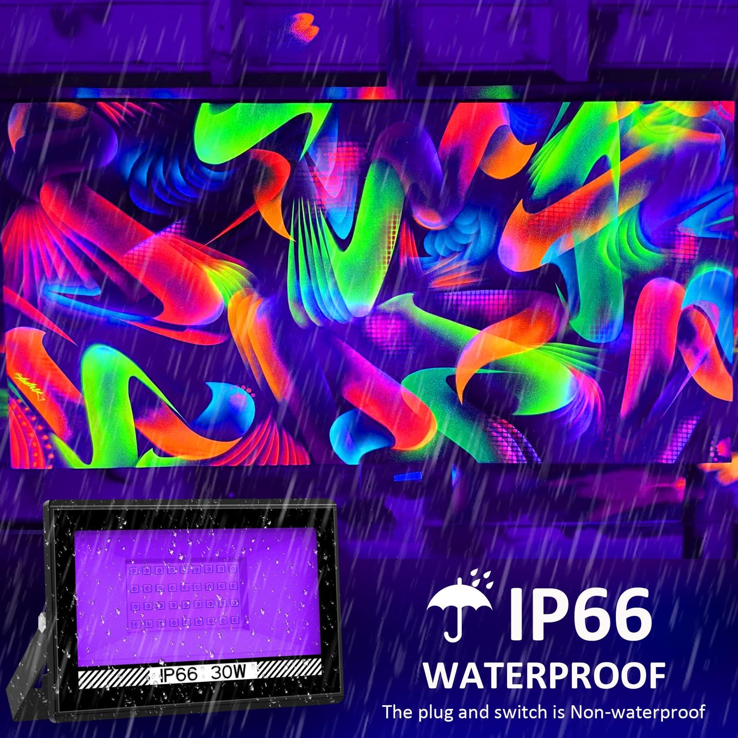 CREPOW 30W Black Lights, 4 Pack LED Blacklight Flood Light with Plug, IP66 Waterproof Black Lights for Glow Party, Glow in The Dark, Stage Lighting, Body Paint, Fluorescent Poster, Neon Glow