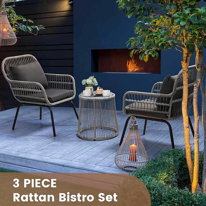 wildformers 3 Pieces Rattan Wicker Bistro Set, Outdoor Conversation Set, Wicker Rattan Furniture Set with Glass Top Table, Space Saving for Balcony, Backyard, Grey