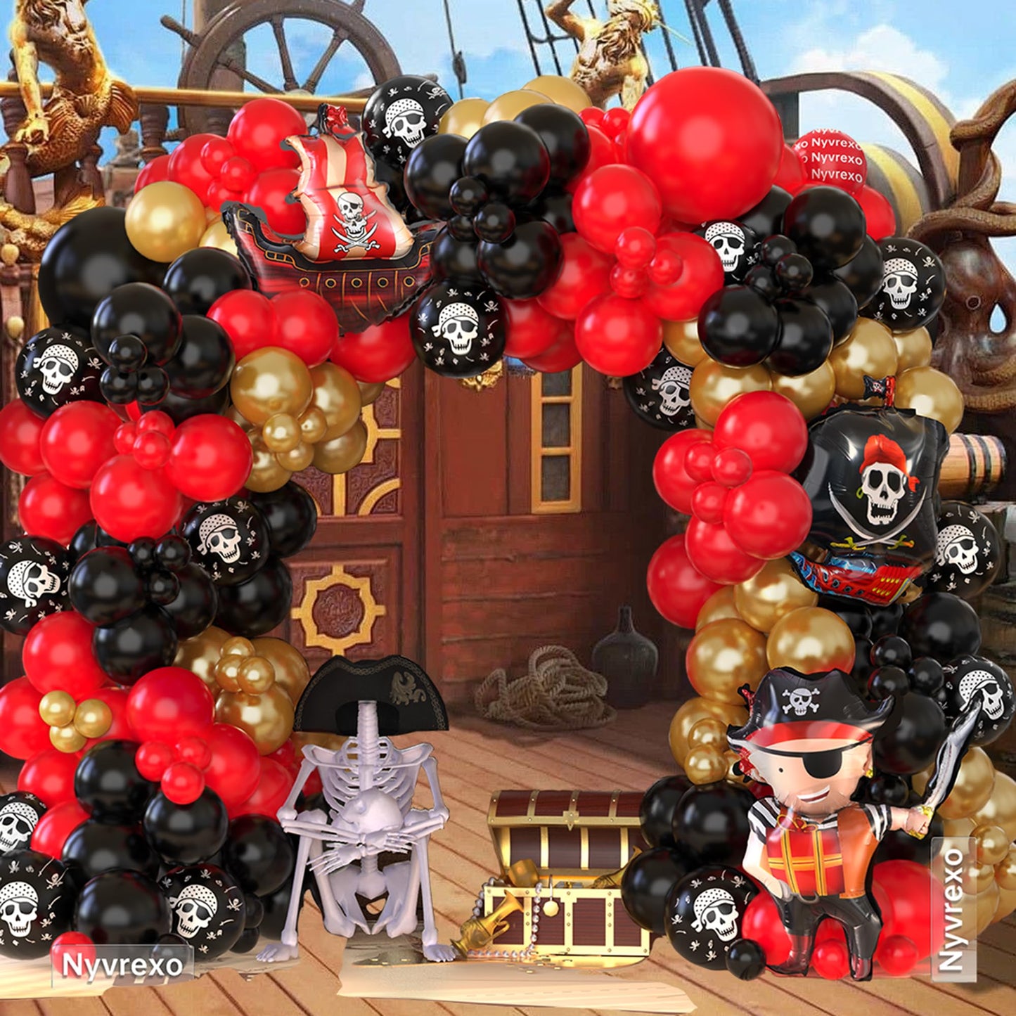 Pirate Birthday Party Decorations, 142Pcs Red Black Metallic Gold Balloon Garland Arch Kit with Pirate Ship Foil Mylar Balloon for Summer Sea Sailing Adventure Ocean Theme Halloween Party