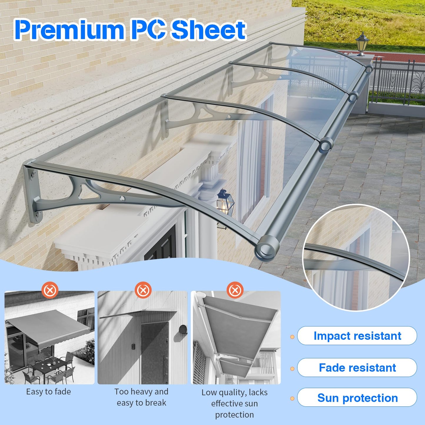 Awning for Door Entrance,40x60 Inch Awnings for Doors with Drainage Sink,Window Canopy Exterior with Aluminum Alloy Bracket,Solid Polycarbonate Cover,UV,Rain,Snow Protection for House,Porch,Patio,Deck