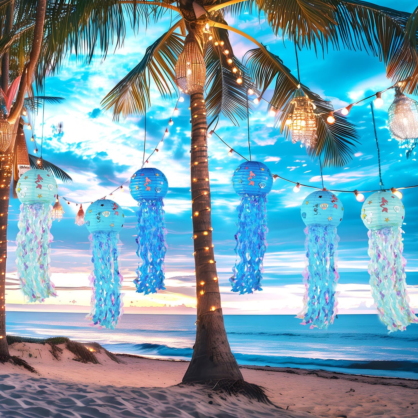 OBXT 12" Blue Jellyfish Lanterns - Mermaid Birthday Decorations, Under the Sea Party Supplies, Ocean Theme Hanging Jellyfish Decor for Classroom, Nautical Events, and Underwater Adventure (Set of 6)