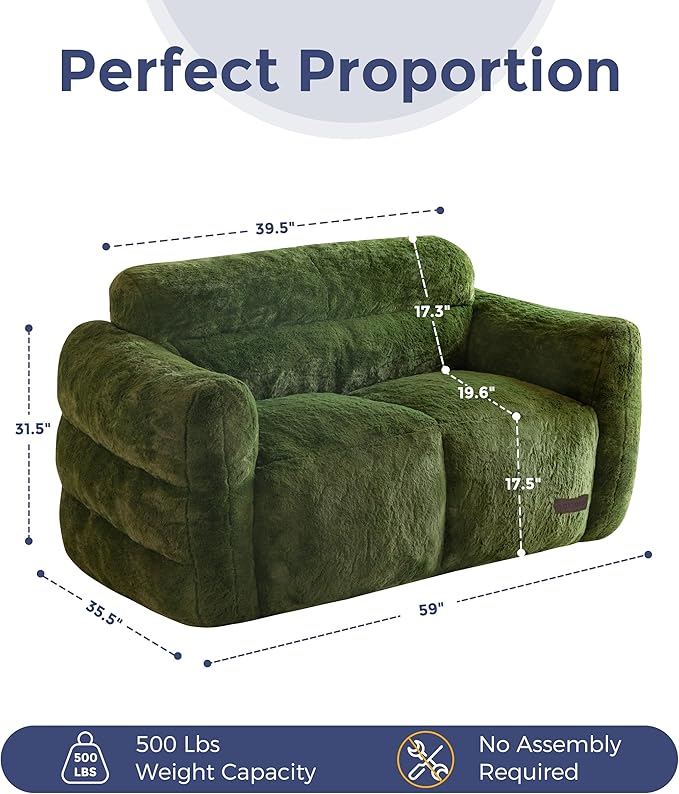 MAXYOYO Giant Bean Bag Chair for Adults, Ultra Soft Fluffy Loveseat Bean Bag Sofa, Oversized Floor Sofa for Living Room Bedroom, Cozy Reading Chair with Filler, Green