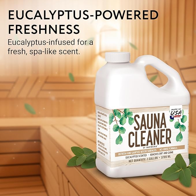 IMPRESA 1gallon Sauna Cleaning Spray – All Purpose Eucalyptus Wood Cleaner Spray for Home Sauna, Spa, Steam Room & Gym – Natural Multipurpose Surface Cleaner Bottle – Gentle Ingredients