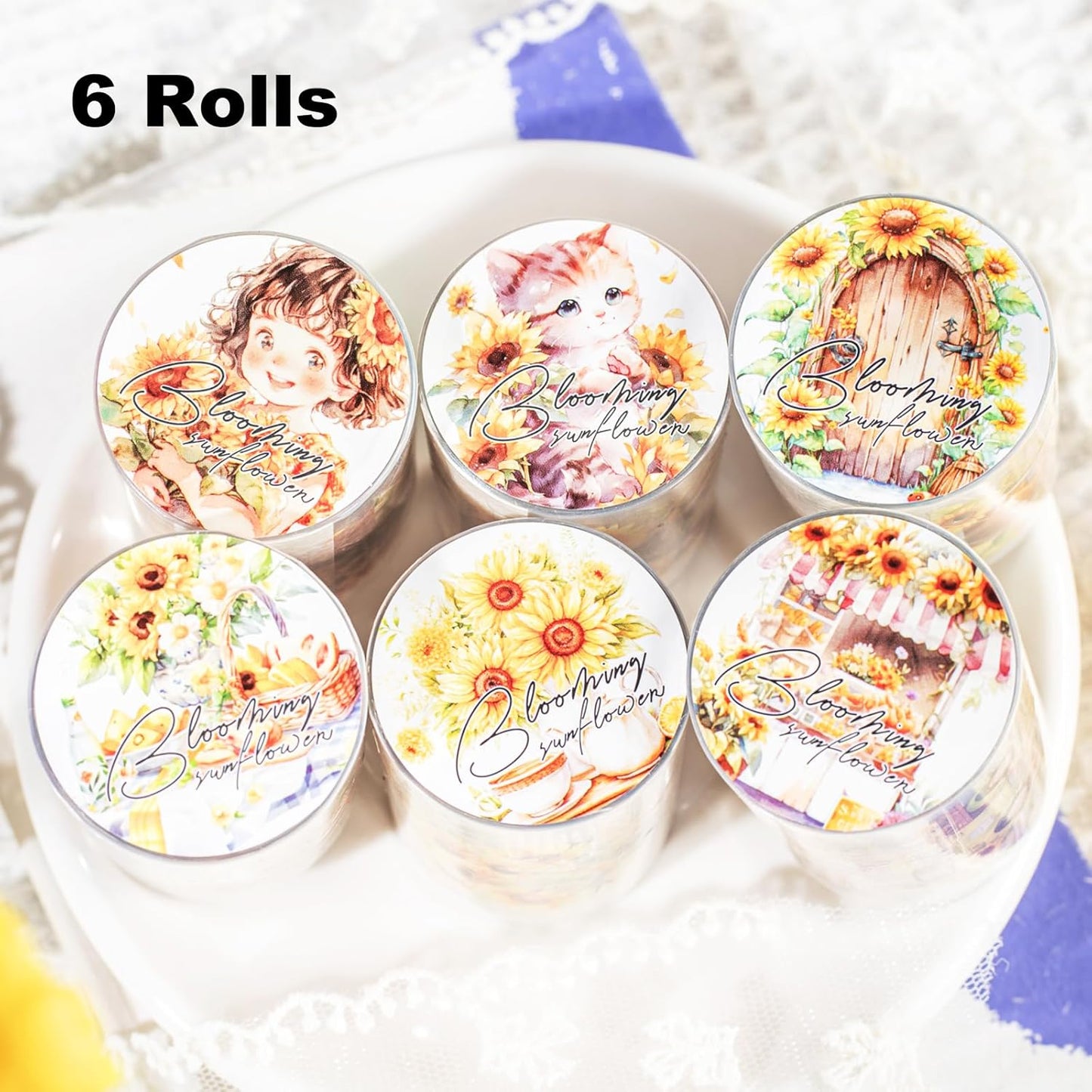 Blooming Sunflower PET Tape Set, 6 Rolls of Pre-Cut Floral Stickers for Journaling, Scrapbook Supplies, DIY Crafts, and Decorative Art