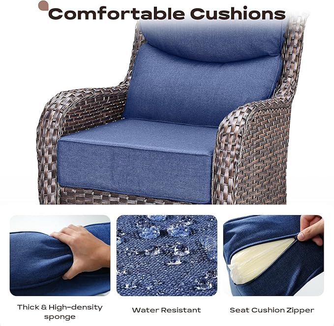 Rilyson Outdoor Patio Furniture Set - Weather Resistant Wicker,High Back,6 inch Cushions,4 Piece Patio Furniture Set with Swivel Rocker Chairs and Ottomans for Deck Porch Yard,Brown/Blue