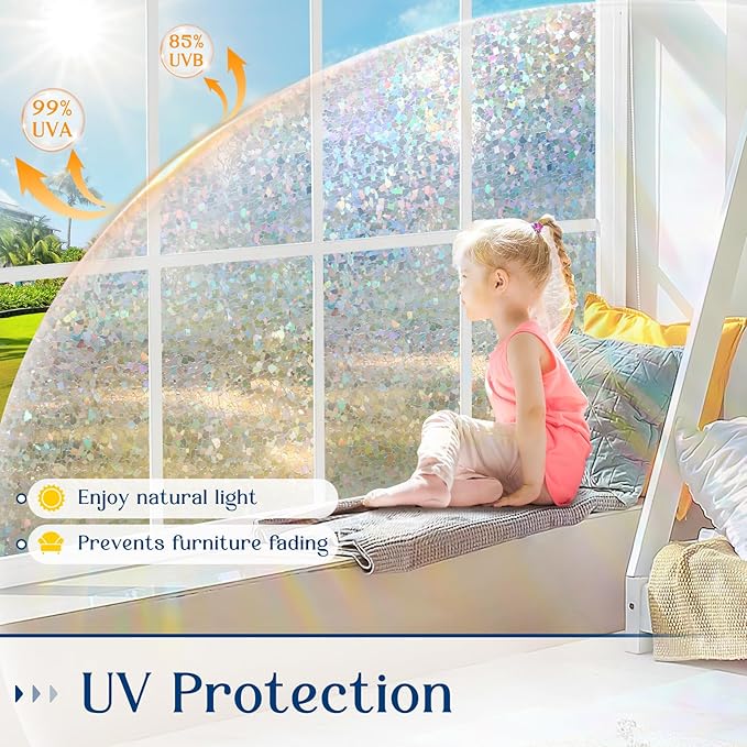 Haton Window Privacy Film Rainbow Film Stained Glass Window Clings, 3D Decorative UV Sun Blocking Sticker, Removable Static Cling Heat Control Tint for Home Door, 17.5" x 157.4" Non-Adhesive