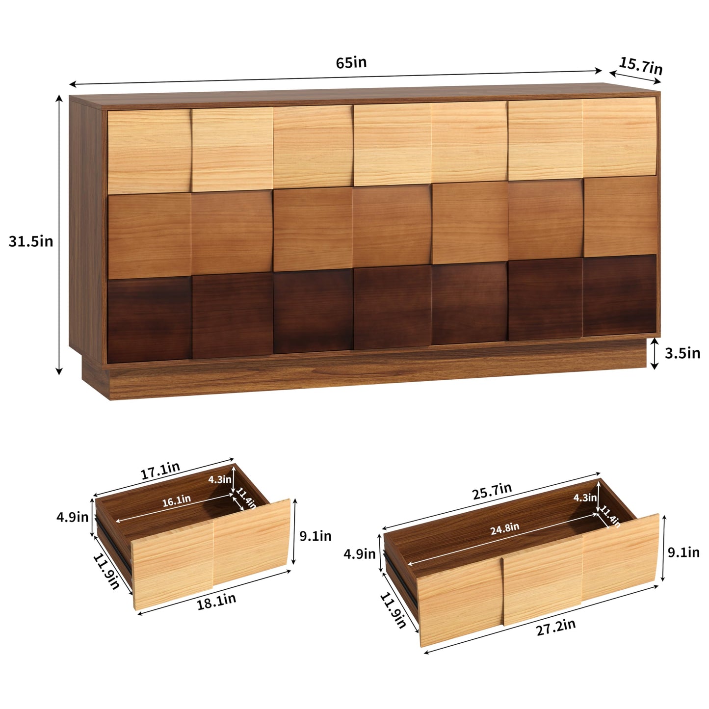 Lamohome Solid Wood Fronts 9 Drawer Dresser, 65" Wide Modern Chest with Gradient Block Design for Bedroom & Living Room