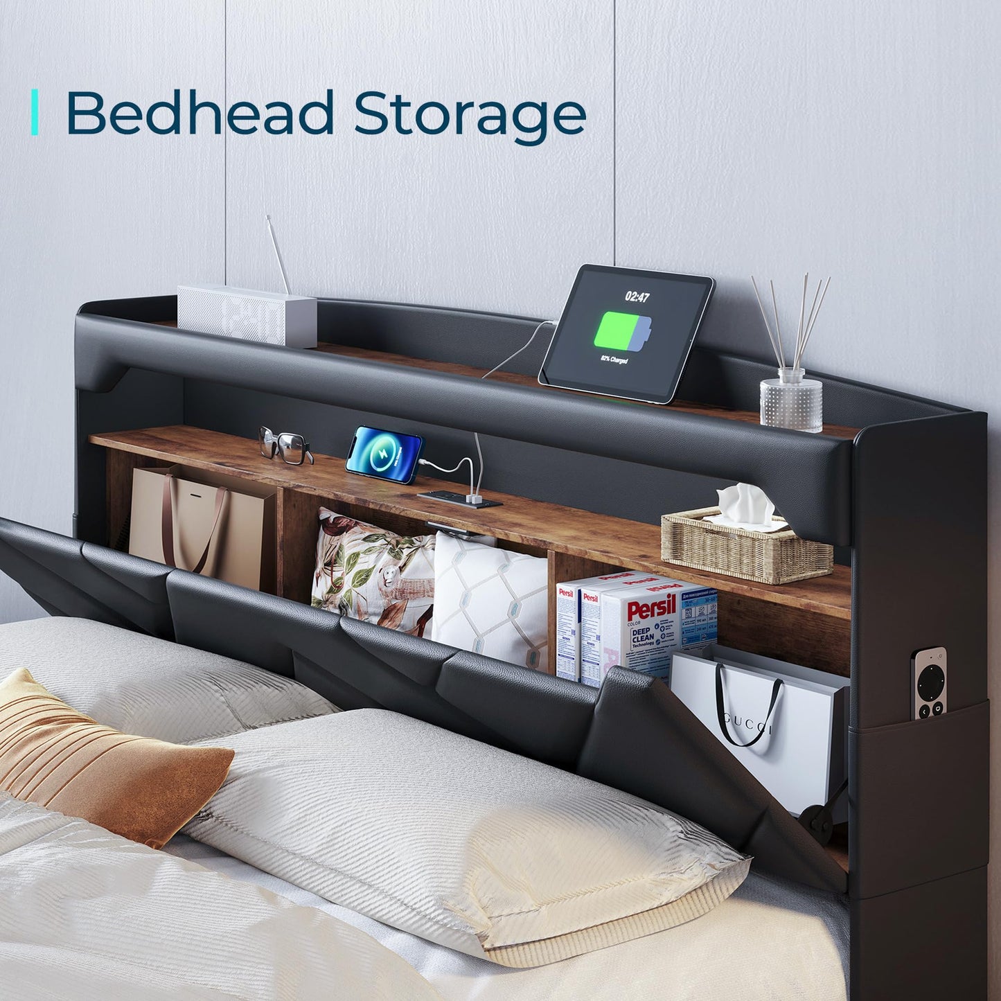 LINSY Floating Bed Frame Full Bedframe with Headboard, Black Full Size Bed Frames with Storage, Modern Upholstered Platform Bed with LED Lights & Charging Station, No Box Spring Needed, PU Leather