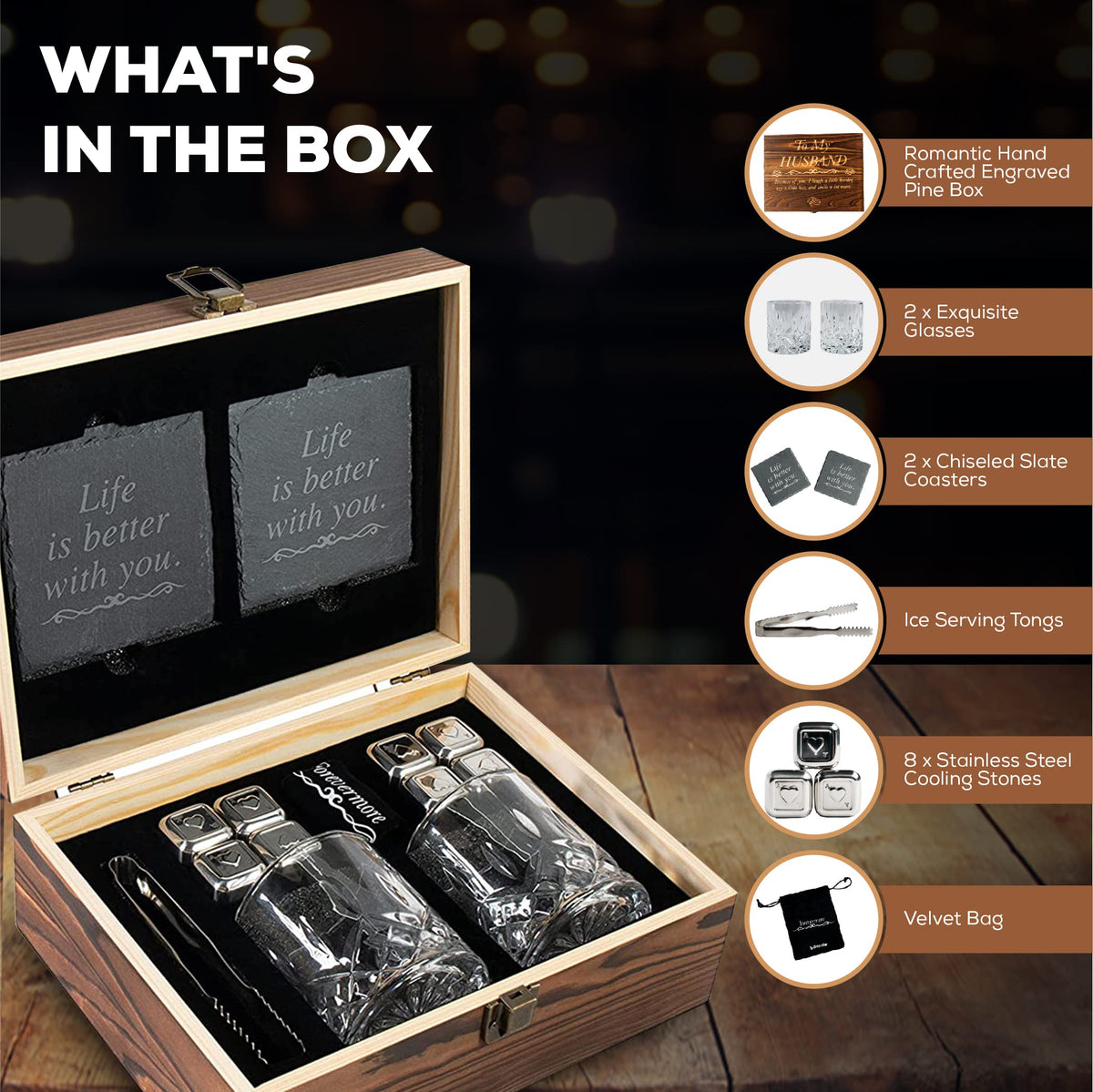 Anniversary For Him ‘To My Husband’ Engraved Whisky Glass Gift Set | Romantic Present for Husband | Unique Wedding - Birthday or Anniversary Idea