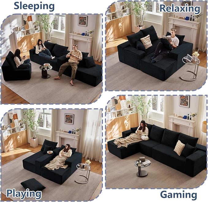 135.4" Cloud Sectional Couch with L-Shape Chaise, Modern Corduroy Boneless Couch for Living Room,Memory Foam Sofa with Deep Seat,No Assembly Required (Black,Left-Facing Chaise)