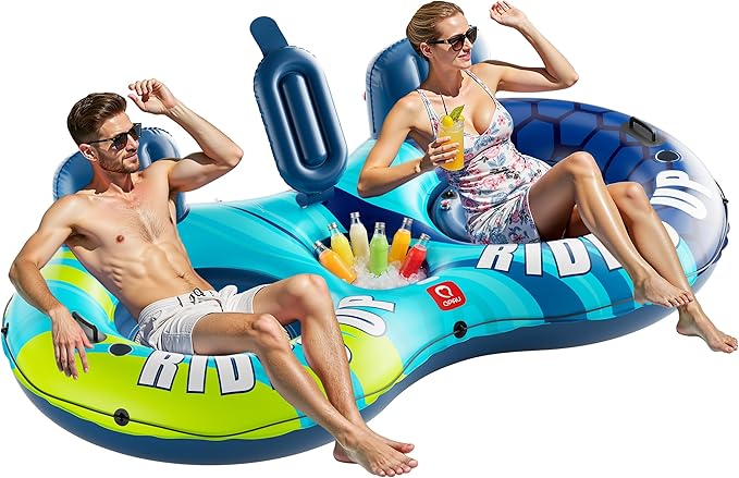 QPAU Inflatable Double River Tube, 2 Person 660lb Capacity, Puncture-Resistant 93" Sturdy Heavy Duty River Float, River Ra...