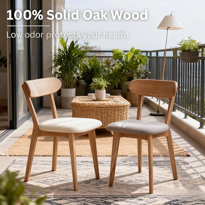 Bamskov 100% Solid Oak Wooden Dining Chairs - Practical Kitchen Chairs with Upholstered Cushion - Wood Chair for Dining Room, Kitchen (1, Natural with White Cushion)