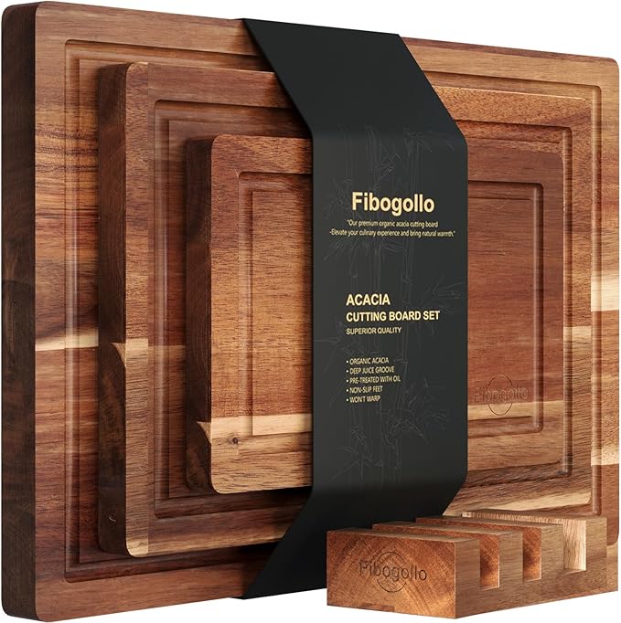 Fibogollo Acacia Wood Cutting Boards for Kitchen(Set of 3),Wooden Chopping Boards Set with Juice Groove,Serving Board with...