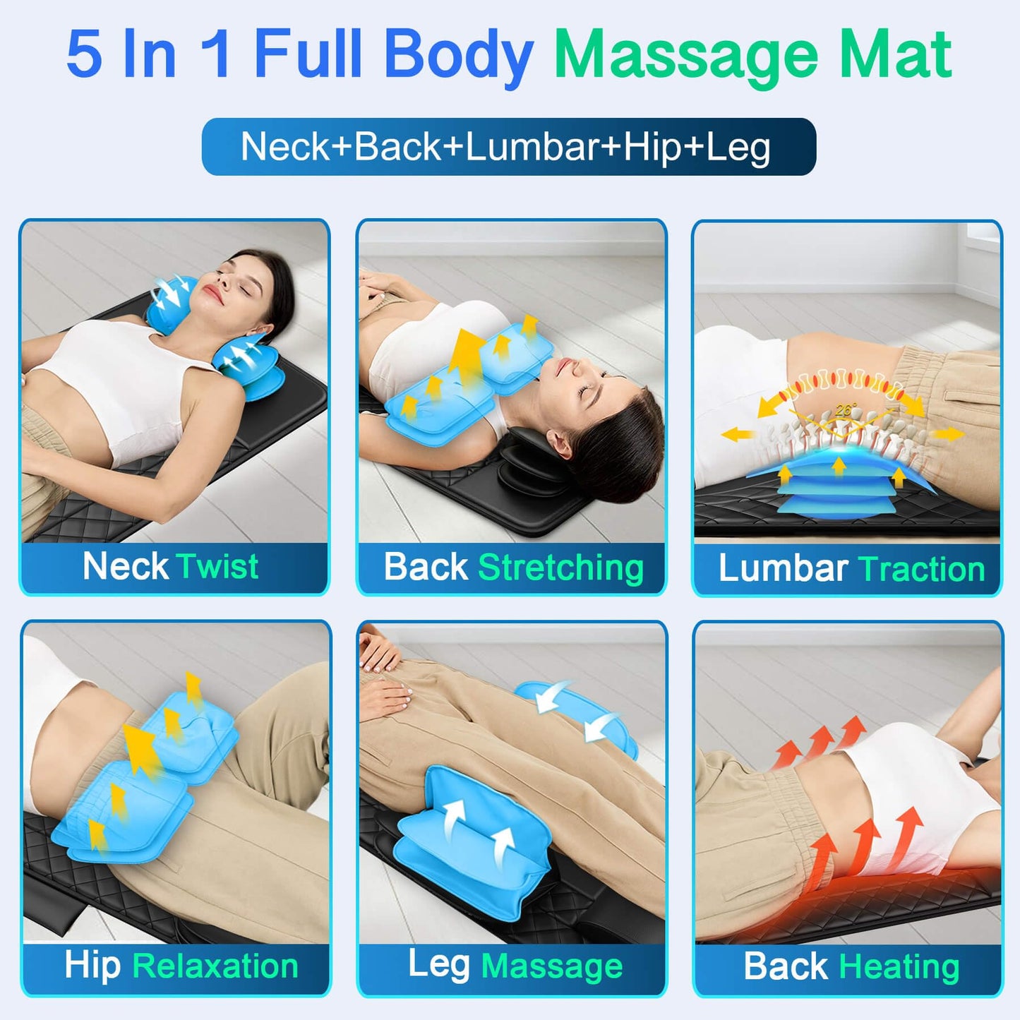 Full Body Massage Mat with Heat, 3D Stretching Back Massager Pad for Bed Sofa Floor, Lumbar & Neck Support, 4 Modes 3 Intensities 3 Heat Levels, Portable & Foldable, PU Leather, Gifts for Mom Dad