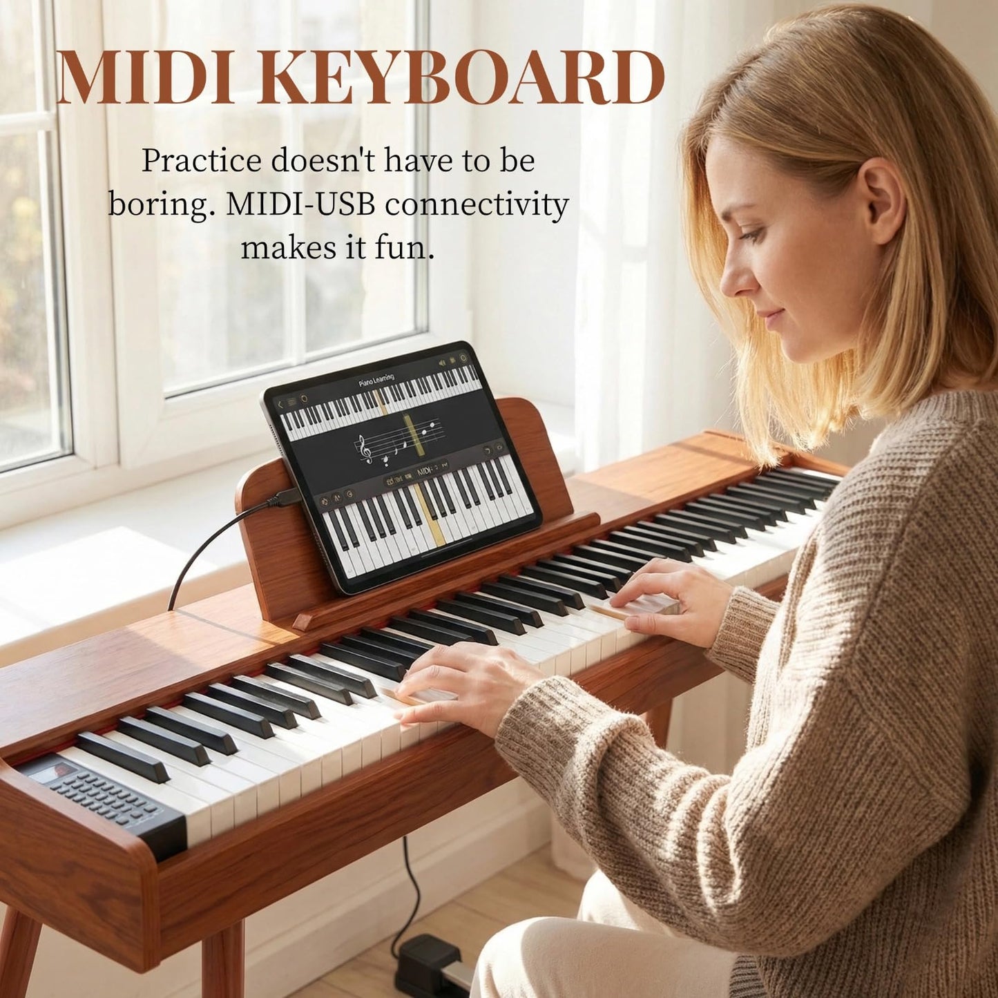 PLYOR 88 Key Digital Piano Keyboard with Stand & Sustain Pedal, Full-Size Semi Weighted Electric Piano for Beginners/Learners, Home Keyboard Piano with Headphone Jack, MIDI Connectivity, Brown
