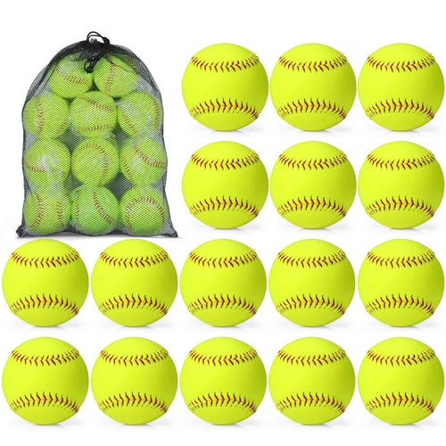 Lewtemi 18 Pack 11" Yellow Sports Practice Softballs Official Size and Weight Slowpitch Softball with 1 Mesh Bag Unmarked Leather Covered Youth Fastpitch Softball Ball for Games Practice Training