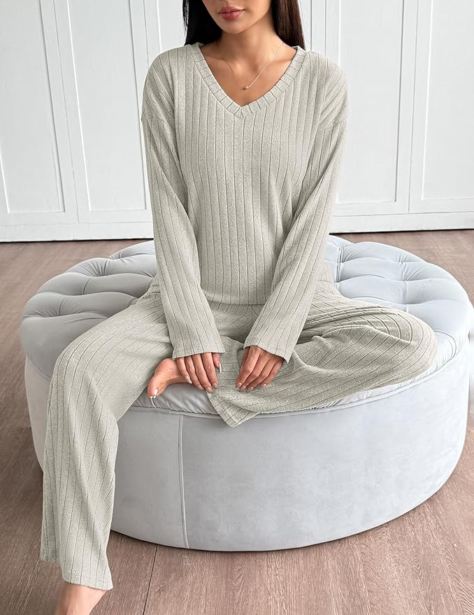 Ekouaer Lounge Sets for Women Long Sleeve Knit Ribbed Pajama Sets 2 Piece Casual Loungewear with Pockets