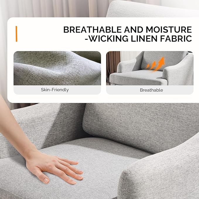 VINGLI Linen Fabric Accent Chair Grey, Modern Upholstered Armchair, Comfy Sofa Chair Living Room Bedroom Furniture for Apartment