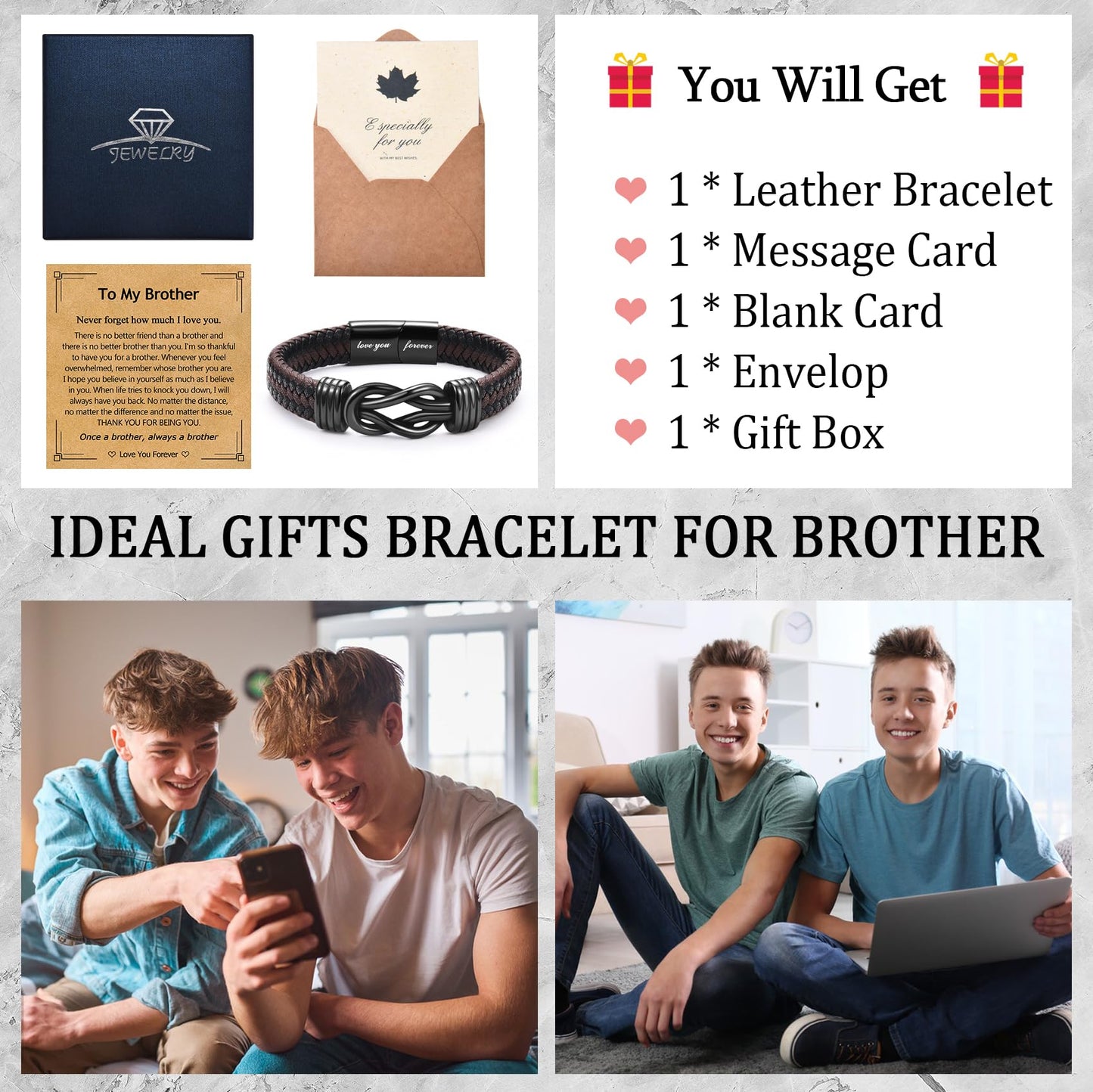 EPIRORA Gifts for Brother- Brown Braided Leather Bracelets Stainless Steel Infinity Knot Bangle for Men & Boys, Christmas Stocking Stuffers Birthday Valentine's Day Brother Gifts