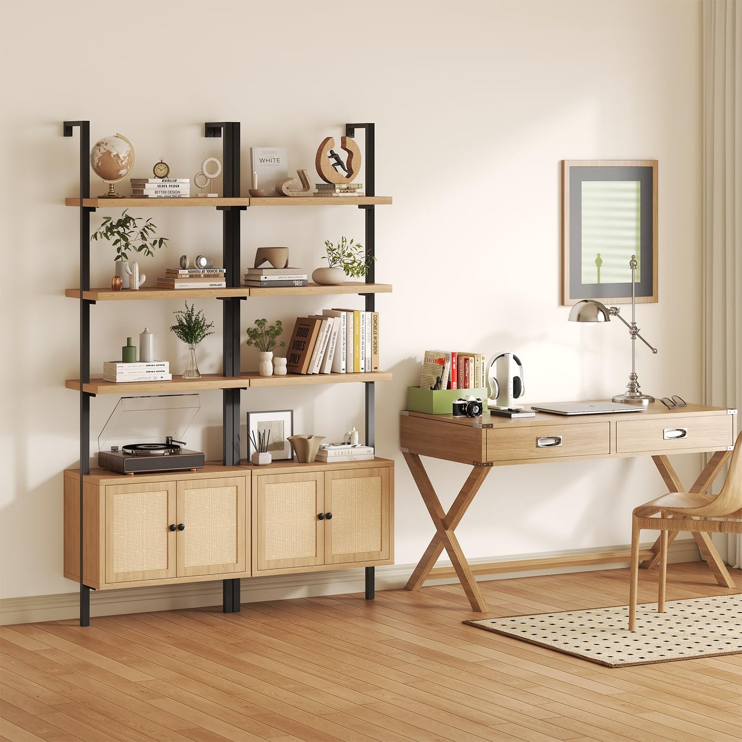 Airynee Ladder Bookshelf, 4 Tier Book Shelf with Rattan Cabinet, Wall Mount Bookshelves and Bookcases with Metal Frame, Anti Dump, Tall Bookcase for Living Room, Home Office, Bedroom