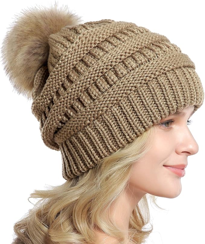 QUEENFUR Women Knit Slouchy Beanie Chunky Baggy Hat with Faux Fur Pompom Winter Soft Warm Ski Cap