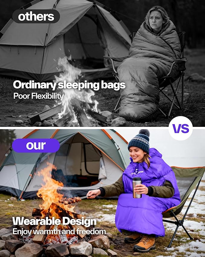 Sportneer 0 Degree Wearable Sleeping Bag for Adults & Kids – Walkable with Arm Zippers, Waterproof & Warm, Compact for Camping, Stadiums, Travel, Backpacking & Car Use