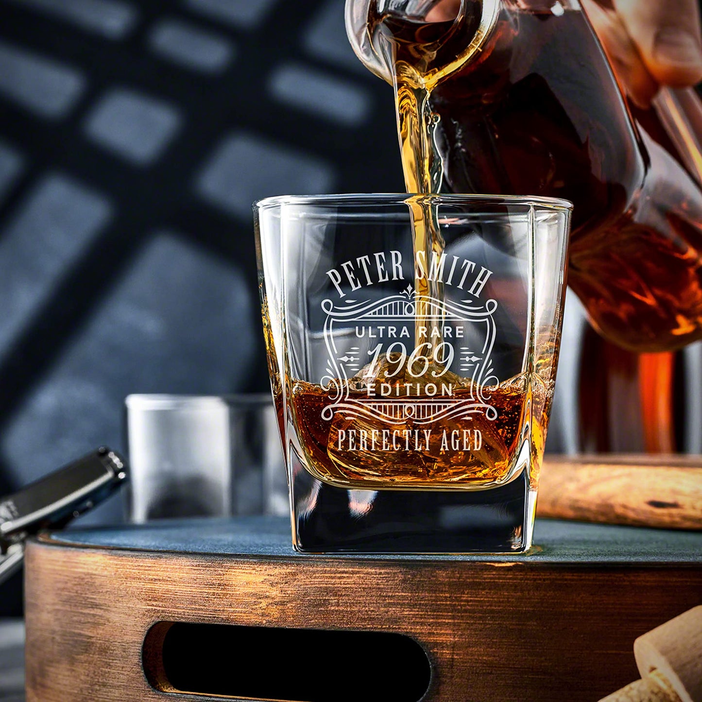 Personalized Whiskey Decanter Set with 4 Glasses and Custom Wood Box - 9 Design Options - Bourbon Glass Set