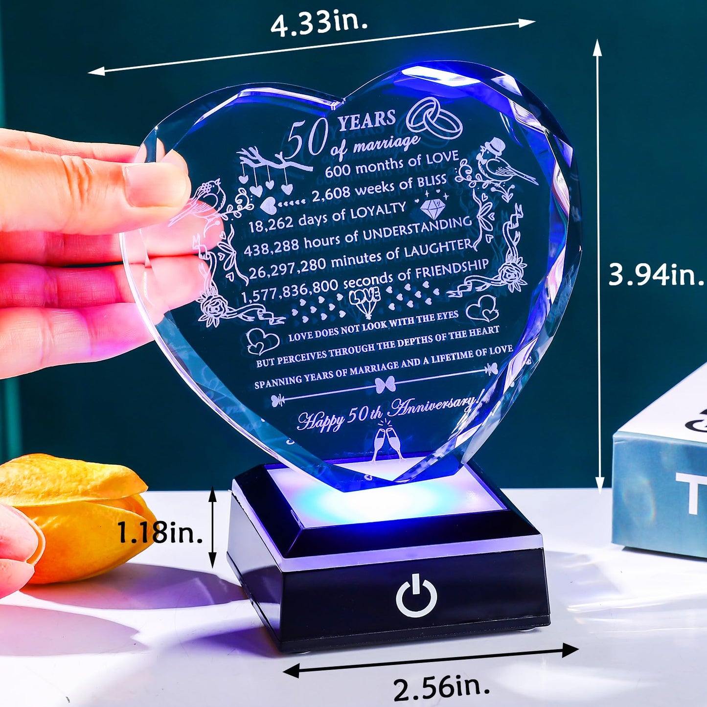 YWHL 50th Anniversary Crystal Gifts with Colorful LED Base Happy 50th Wedding Anniversary Heart Gift for Couples 50 Years of Marriage Gifts for Parents Husband Wife