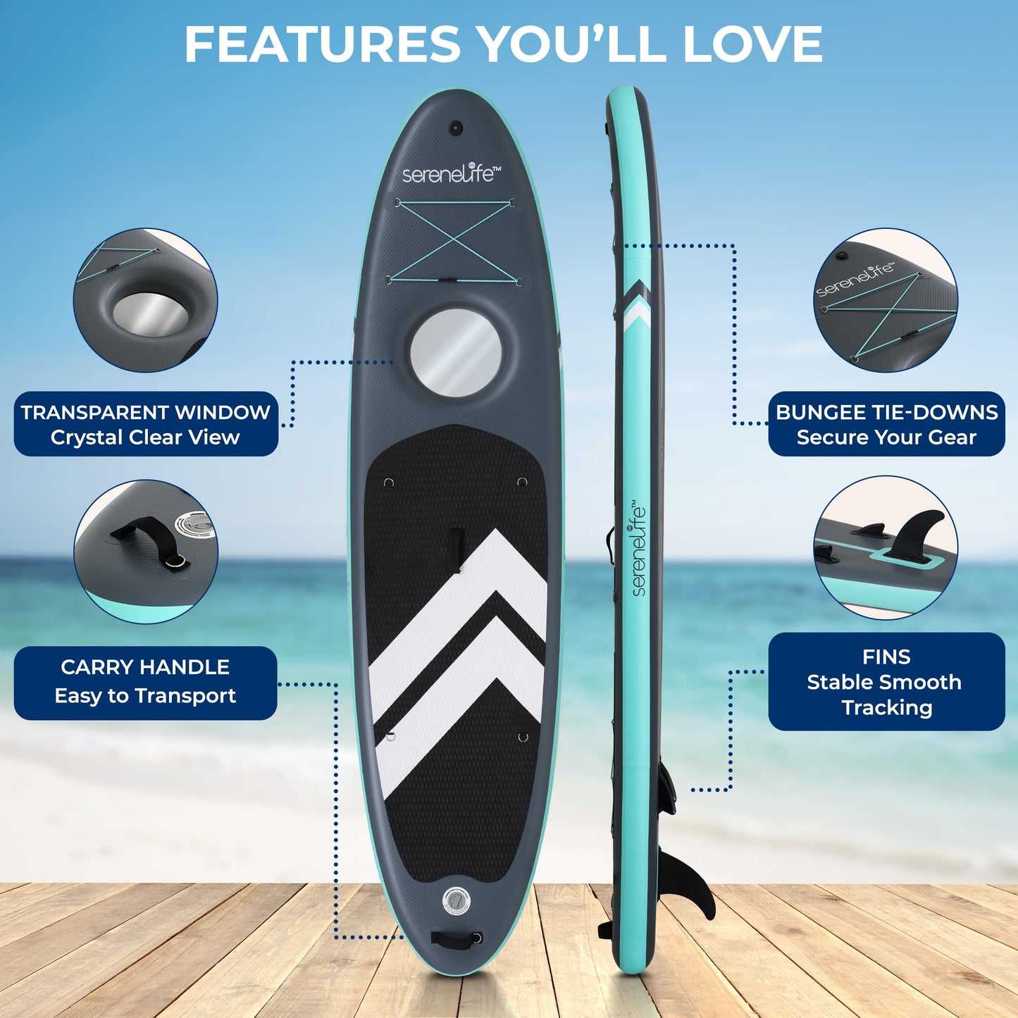 SereneLife 10’6” Inflatable Stand-Up Paddle Board with Window - 32” Wide Stable Design with Non-Slip EVA Deck Pad, Premium SUP Accessories and GoPro Mount, for Youth and Adults, 350 lbs. Capacity