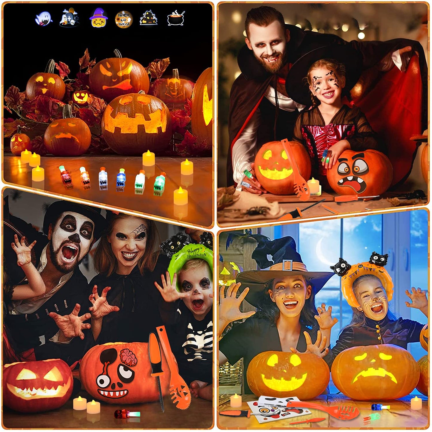Halloween Pumpkin Carving Kit for Kids - 6 Tools Set, 6 LED Candles, 4 Balloon Headbands, 6 LED Rings, 6 Stickers, 10 Carving Stencils for Decorations