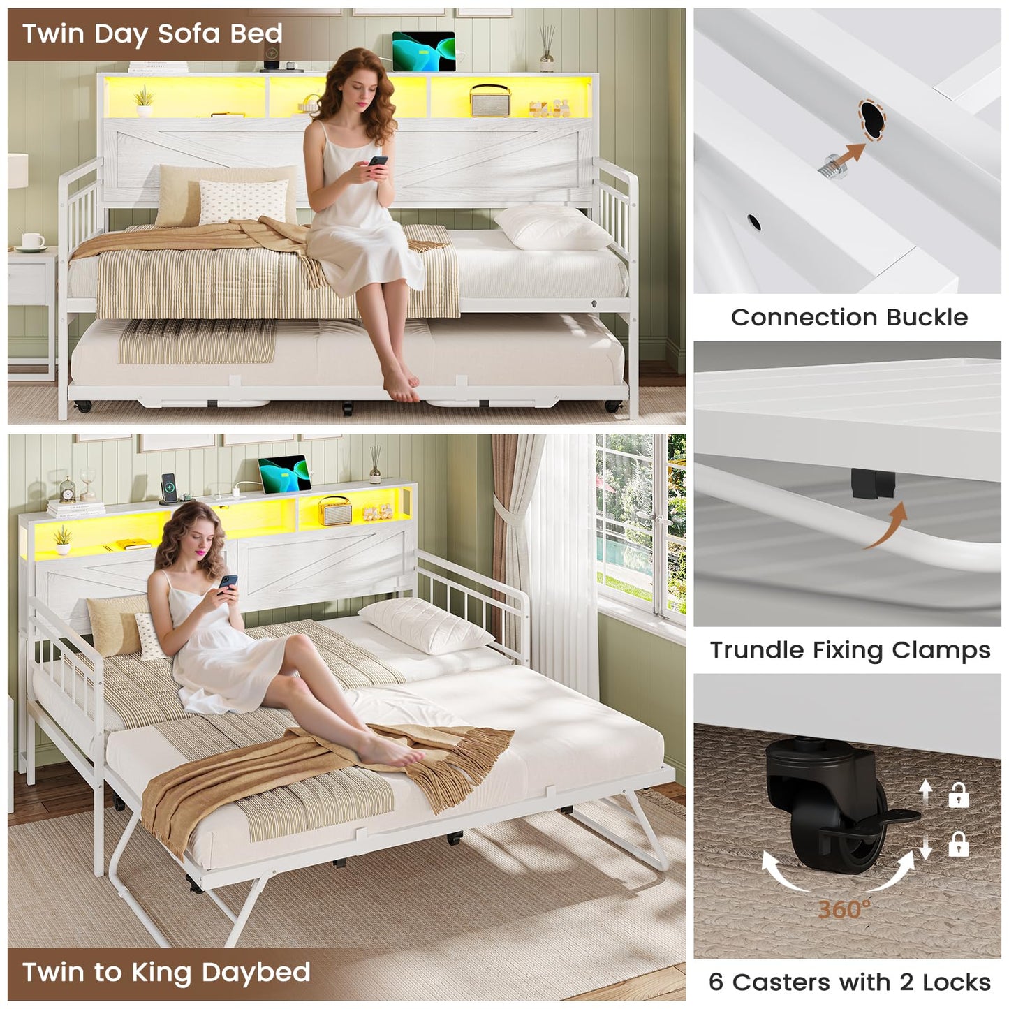 VIAGDO Day Bed with Trundle Bed Twin, Wood Day Bed with Hidden Storage Headboard, Farmhouse Daybed with Charging Station and LED Lights, Twin to King Daybed for Living Room, Guest Room, White