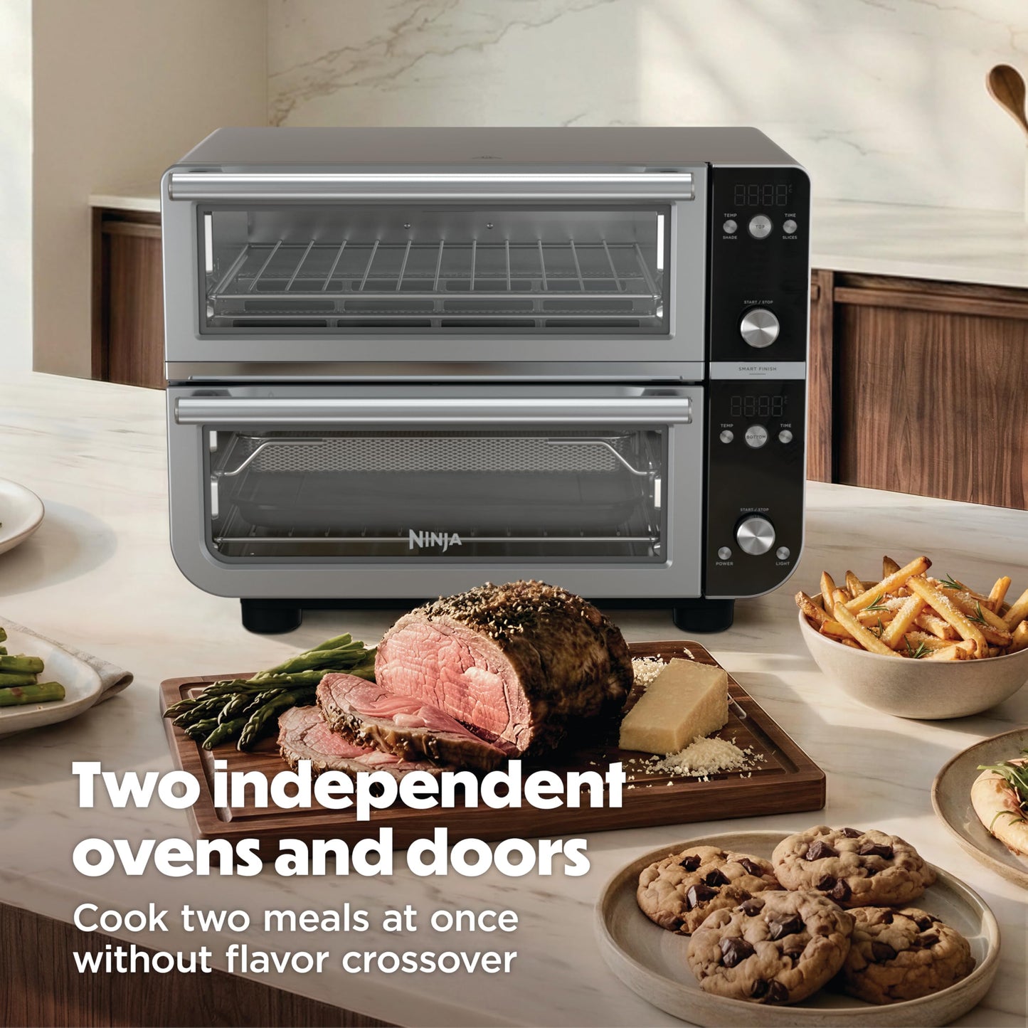 Ninja Double Oven Pro Smart XL Countertop Oven & Air Fryer | 30.2 Qt Capacity | 12-in-1 with Smart Finish & DualZone Tech to Cook 2 Meals at Once | Fits up to 4.5lb Chicken | Stainless Steel | DCT801