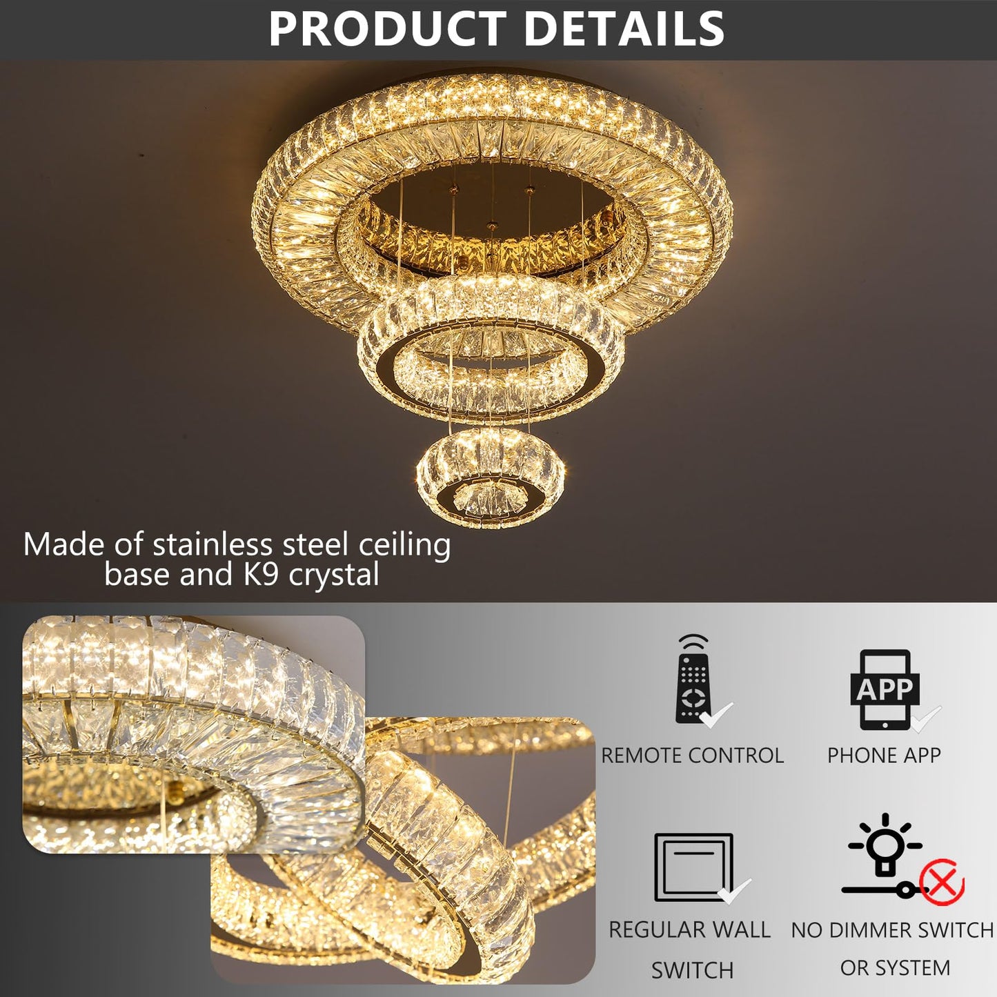 24'' Modern Crystal Chandeliers for Living Room LED Dimmable Ceiling Light Fixtures for Flush Mount Light for Bedrooms Foyer Hallway Entryway Gold