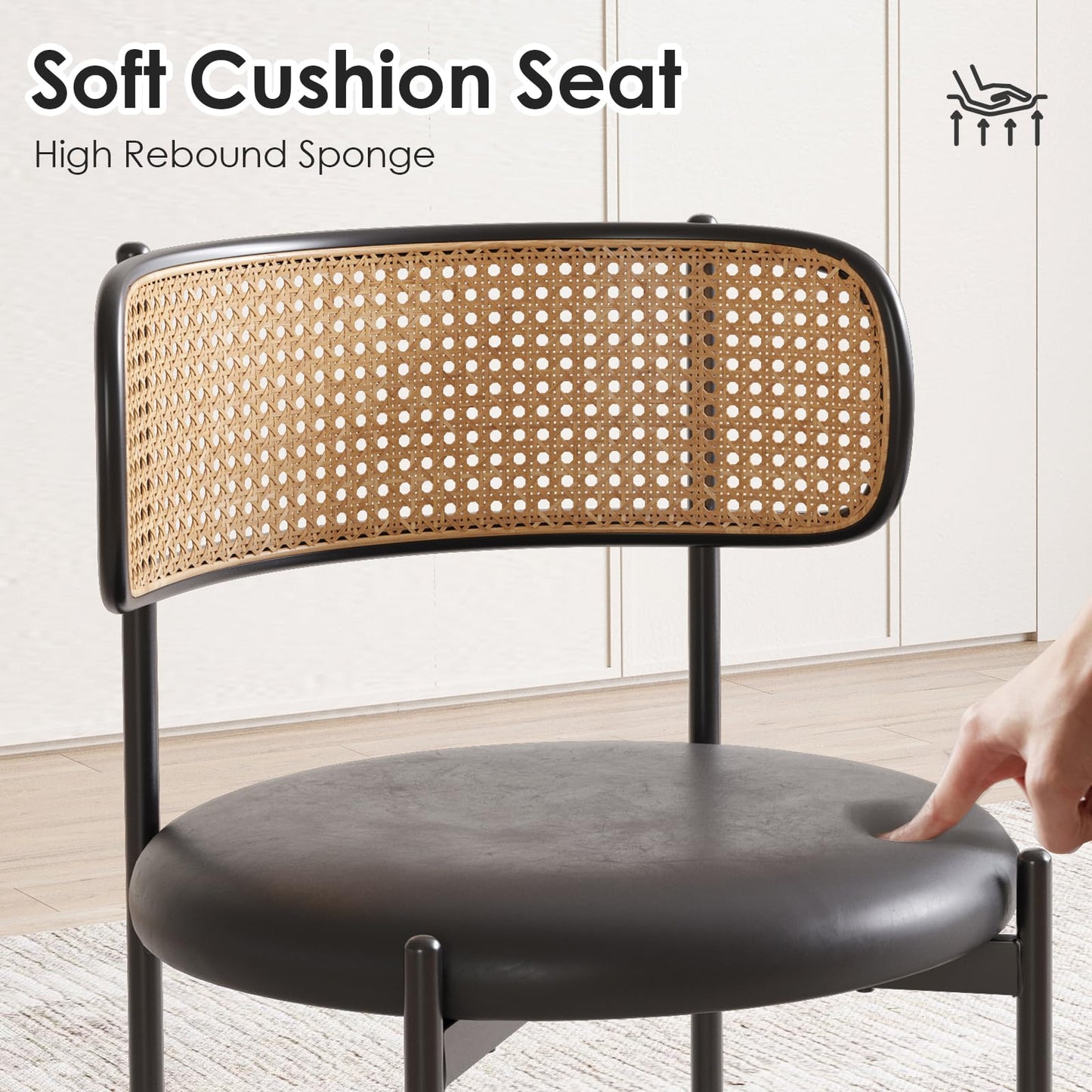 Farini Dining Chairs Set of 4, PU Leather Upholstered Seat with Woven Rattan Back, Sturdy Metal Legs Modern Side Chairs for Kitchen Living Room Restaurant, Black