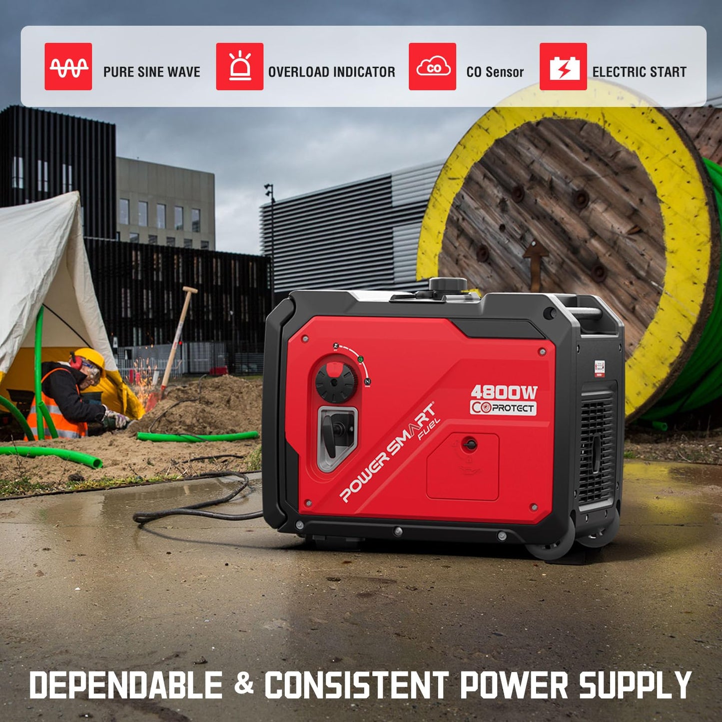 PowerSmart 4800W Portable Inverter Generator, Gas Power with Electric Start, Quiet & Parallel Ready and 30A Outlet, CO Guard, RV Ready & Home Backup, Gas Powered, Quiet & Clean Power
