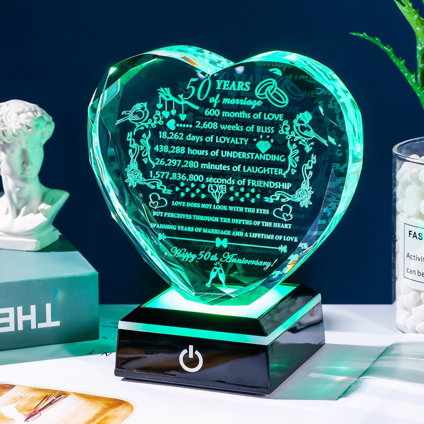 YWHL 50th Anniversary Crystal Gifts with Colorful LED Base Happy 50th Wedding Anniversary Heart Gift for Couples 50 Years of Marriage Gifts for Parents Husband Wife