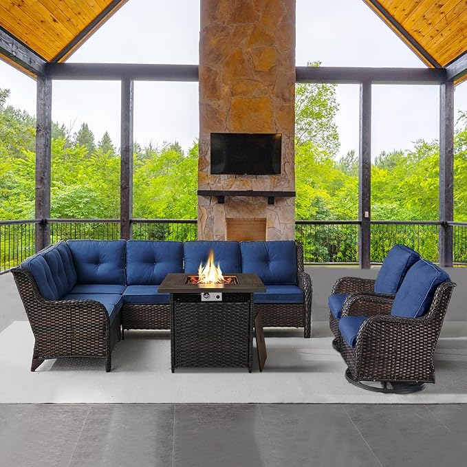 Belord Outdoor Sectional Sofa Furniture Set with Propane Fire Pit Table, Wicker Patio Conversation Set with 2 Swivel Glider Rocker Chairs Blue Cushion Perfect for Backyard Casual Gathering