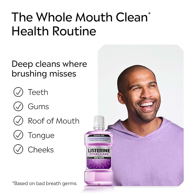 Listerine Total Care Alcohol-Free Anticavity Fluoride Mouthwash, 6 Benefit Oral Rinse to Help Kill 99.9% of Germs That Cause Bad Breath, Strengthen Enamel, Fresh Mint Flavor, 1 L