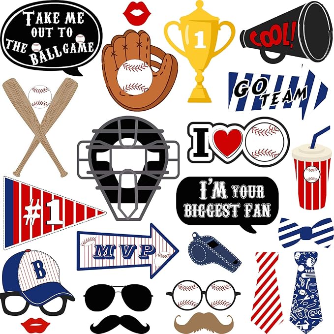 Baseball Photo Booth Props Kit Baseball Theme Party Birthday Party Supplies Trophy Tie Ball Camera Props Kit for Adults, 2...
