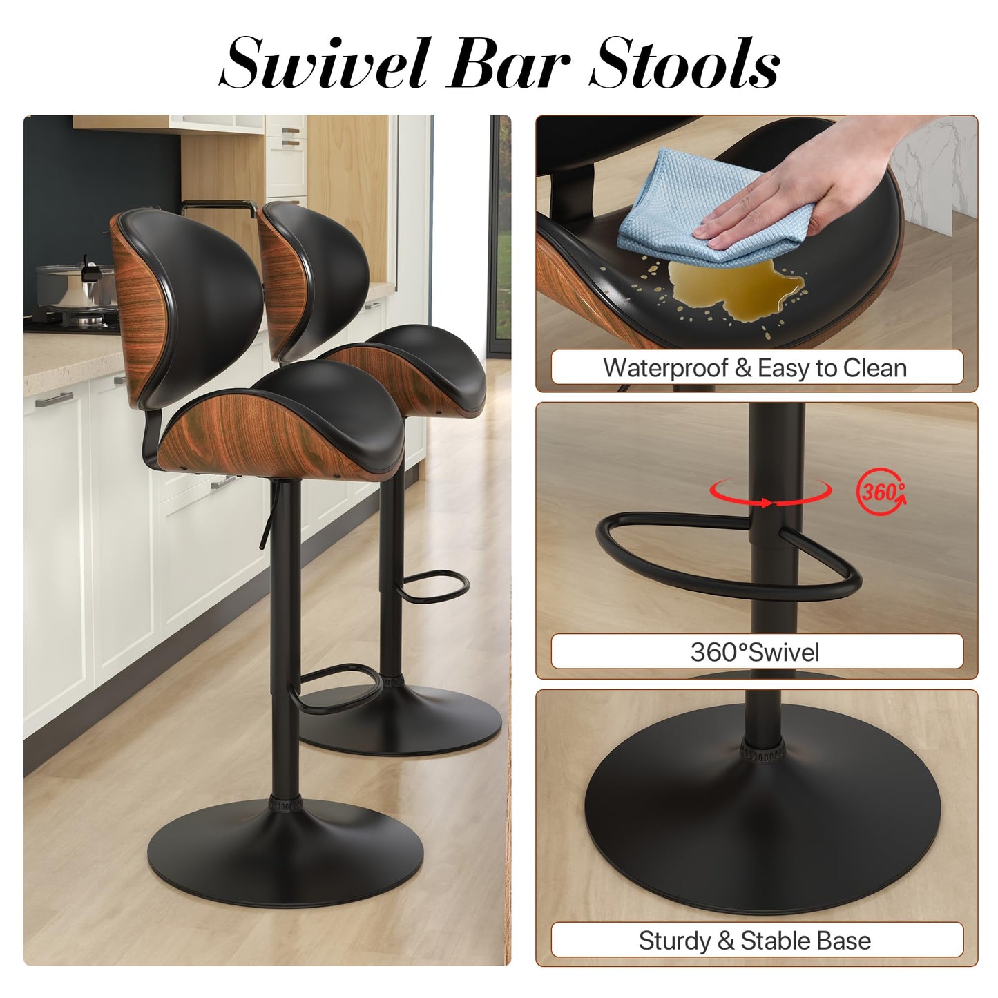 KCC Bar Stools Set of 2, Swivel Adjustable Height Barstools, PU Leather Upholstered Bar Chairs with Footrest, Bentwood Bar Stool for Kitchen, Bar, Dining Room(Black PU)