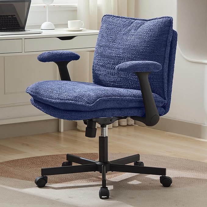 Kassipo Criss Cross Legged Office Chair with Wheels and Flip-Up Arms, Upholstered Criss Cross Desk Chair, Wide Seat Chairs for Home Office, Vanity, Apartment, Navy Blue
