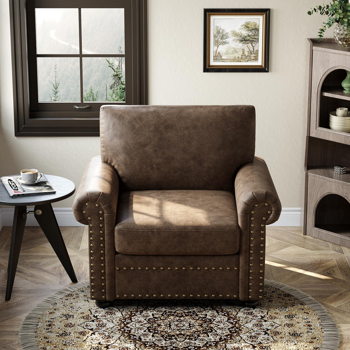 ONBRILL Faux Leather Accent Chair, Nailhead Trim Armchair for Living Room, Rolled Arms Single Sofa Chair, Springs Cushions, Solid Wood Legs, Comfy Upholstered Club Chair for Bedroom, Apartment, Brown