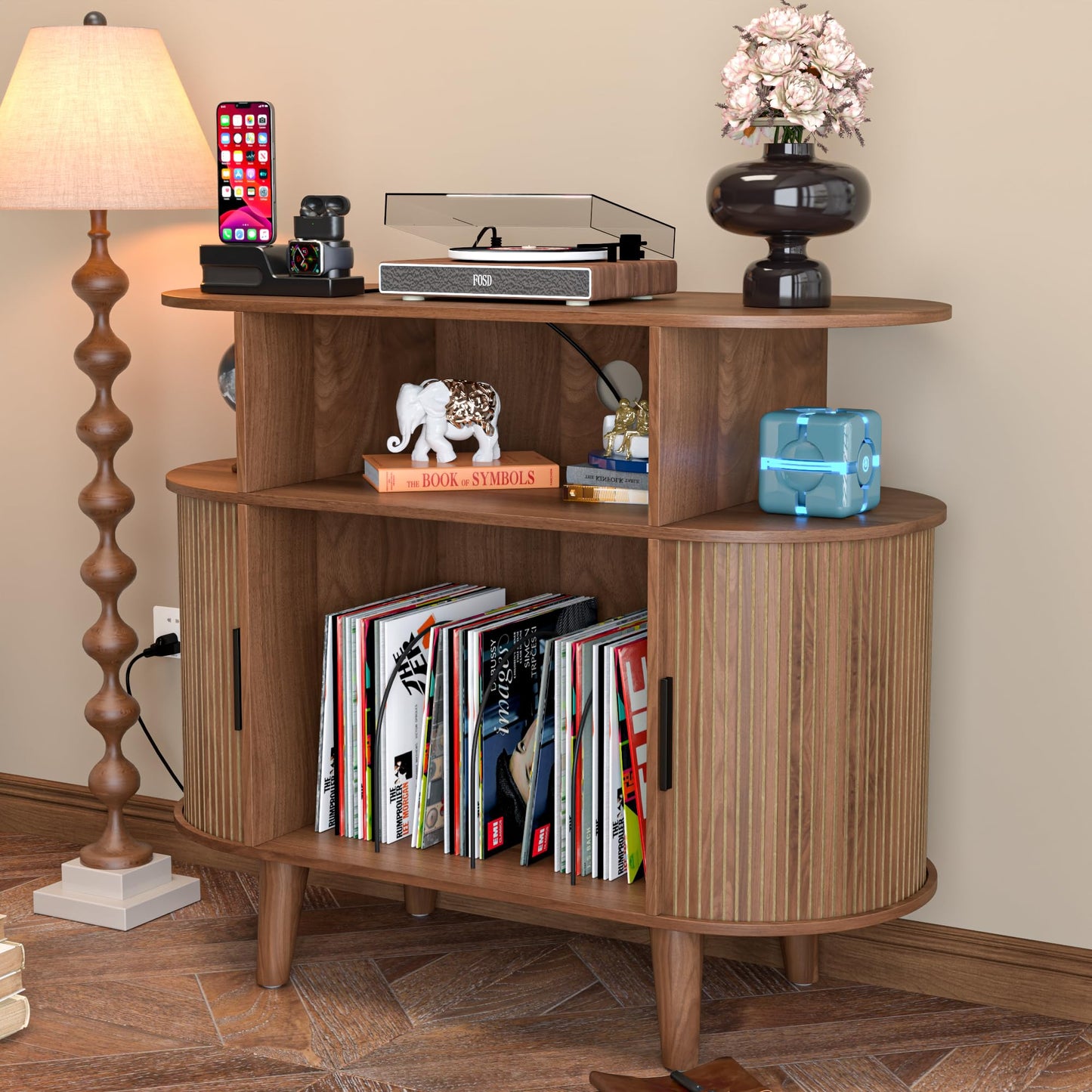LUVIOHOME Large Round Record Player Stand with Charging Station & USB Ports，Record Storage Cabinet, Mid Century Modern Turntable Stand for Bedroom Living Room (Small Brown)