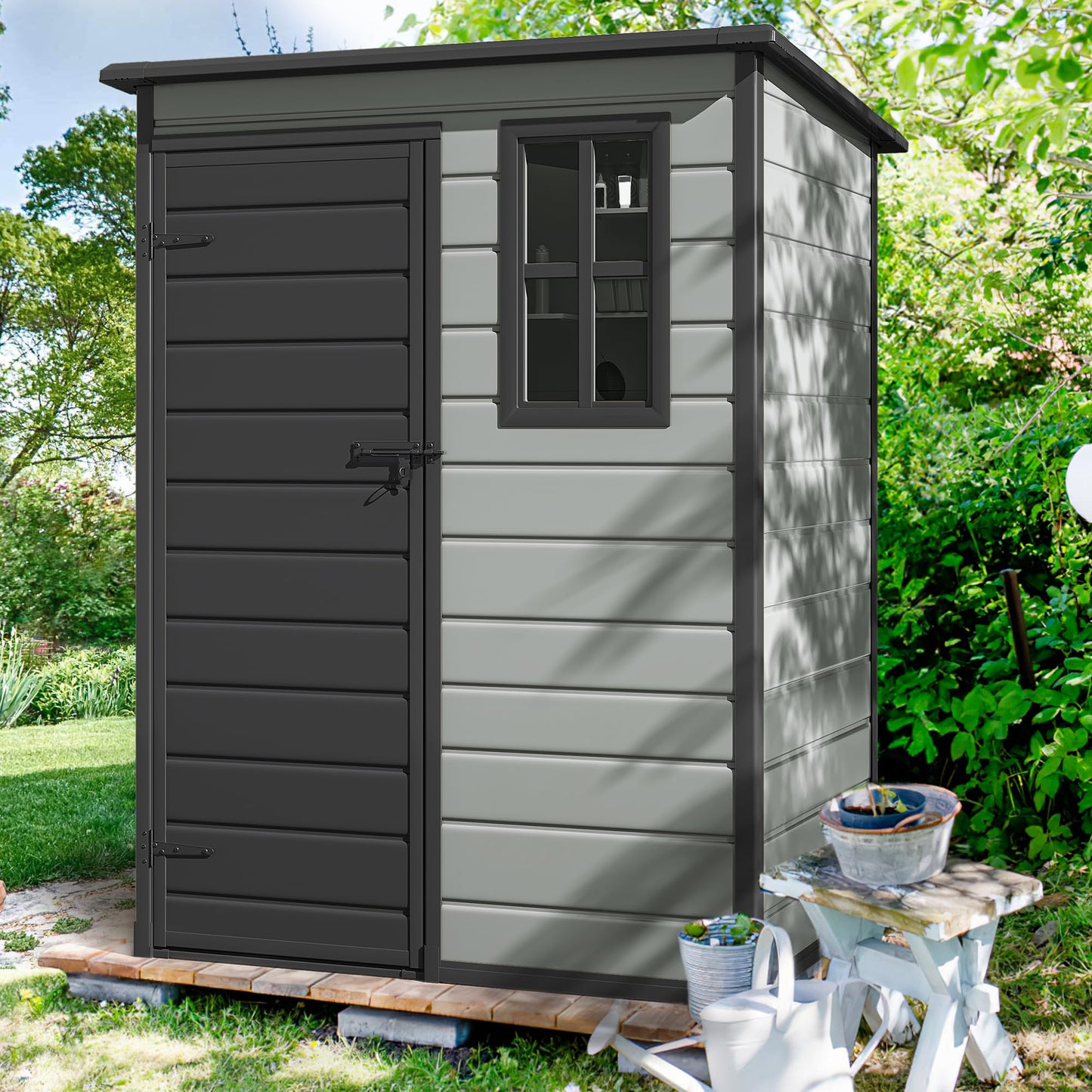 DWVO 5x3 FT Outdoor Storage Shed with Reinforced Floor, All-Weather Resin Storage Shed with Lockable Door & Window, Waterproof Plastic Tool Storage for Garden, Backyard, Patio, Lawn,Blue-Gray+Black