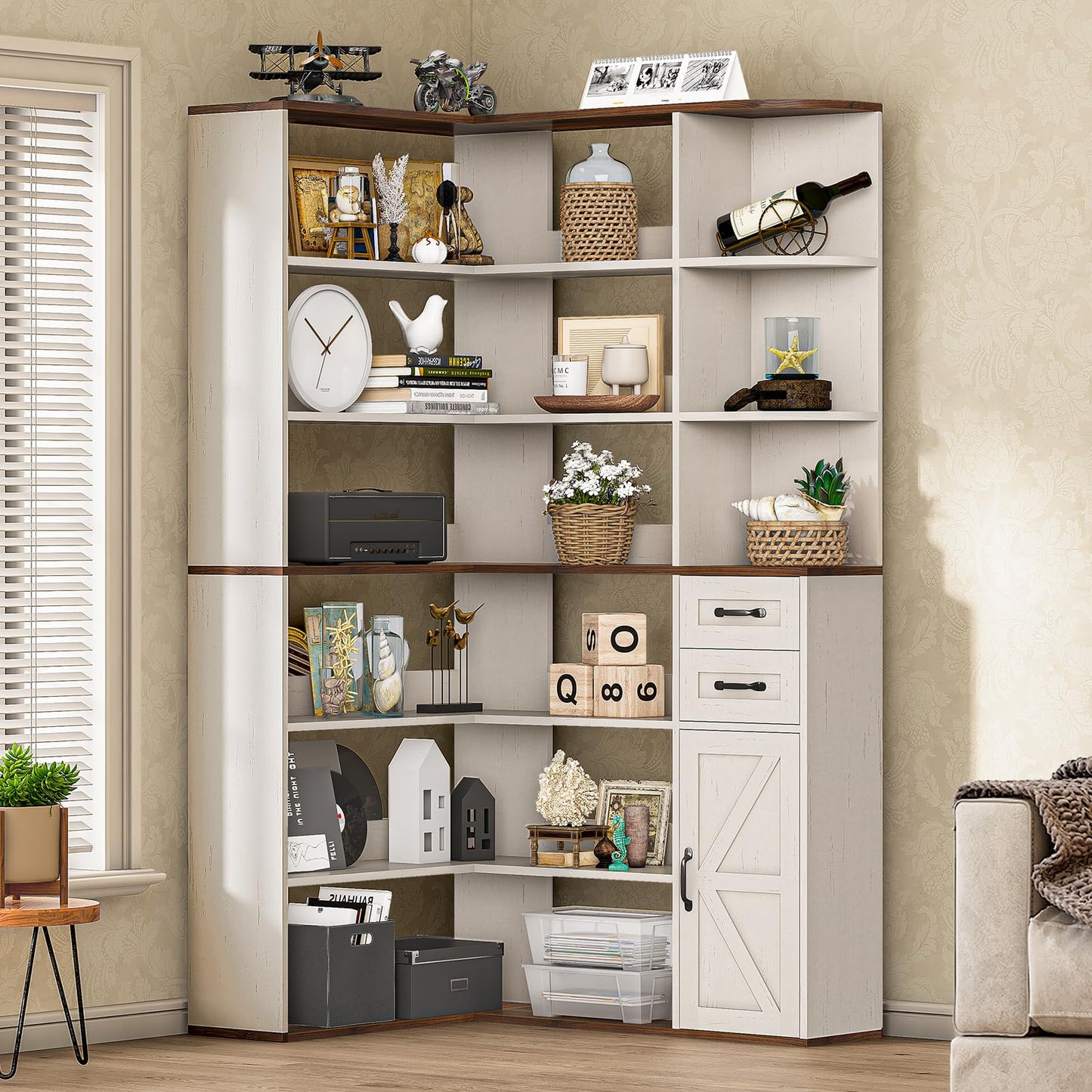 UPOSOJA 7-Shelf Farmhouse Corner Bookshelf with Lockers & Drawers, 71" L-Shaped Large Storage Shelf Display Rack for Bedroom, Living Room, Home Office (White Brown)