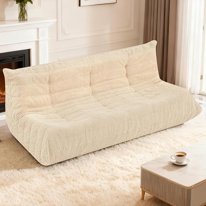 HABUTWAY Bean Bag Chairs Fireside Lazy Floor Sofa, Soft Teddy Fleece 3 Seater Sofa with High-Resilience Foam Filling，Beanbag for Living Room, Bedroom, Office (Khaki Teddy)