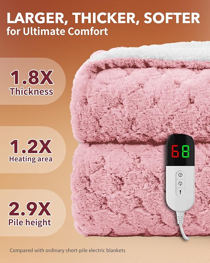 Homemate Electric Heated Throw Blanket - 50"x60" Luxury Faux Fur Heating Bed Blankets with 10 Heating Levels 8 Hours Auto Off Fast Heating Over-Heated Protection Ultra Soft Warm Flannel ETL Certified
