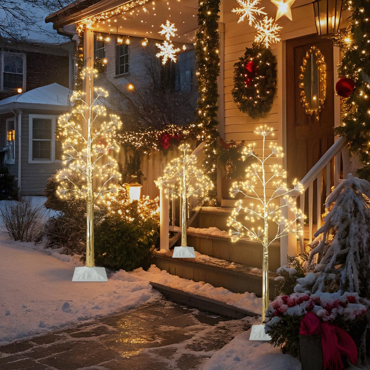 TORONTOKYO Set of 3 Lighted Birch Tree, 3 feet 4 feet and 5 Feet Warm White LED Artificial Tree, Light Up Christmas Twig Trees for Thanksgiving Christmas Party Indoor Outdoor Decoration