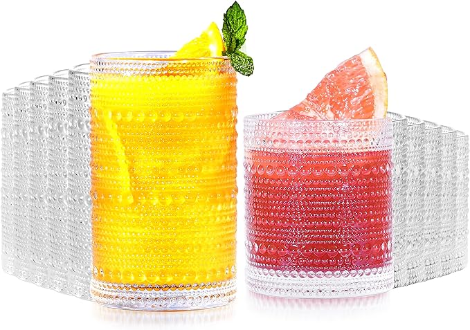 Lvtrupc Vintage Hobnail Drinking Glasses Set of 12-14 oz Old Fashioned Water Glass Cups & 11 oz Cocktail Glasses, Aestheti...