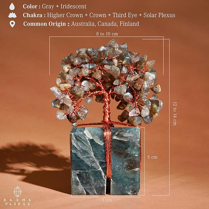 KARMAPLEDGE Crystal Tree of Life Feng Shui Decor for Home and Office, Labradorite Chakra Healing Crystal Handmade Tree for Positive Energy, Money, Good Luck, Christmas Decor, Birthday Gifts for Women